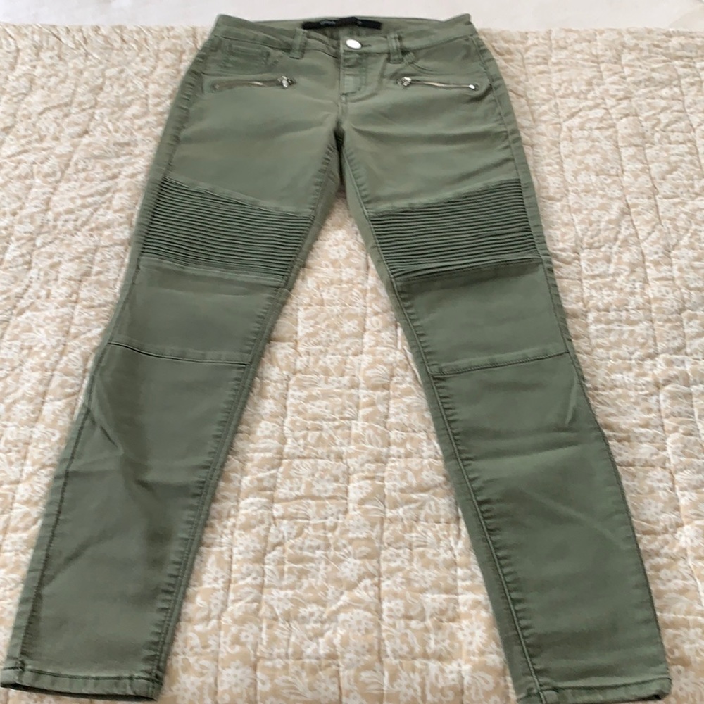 Harper Moto style army green straight leg jeans